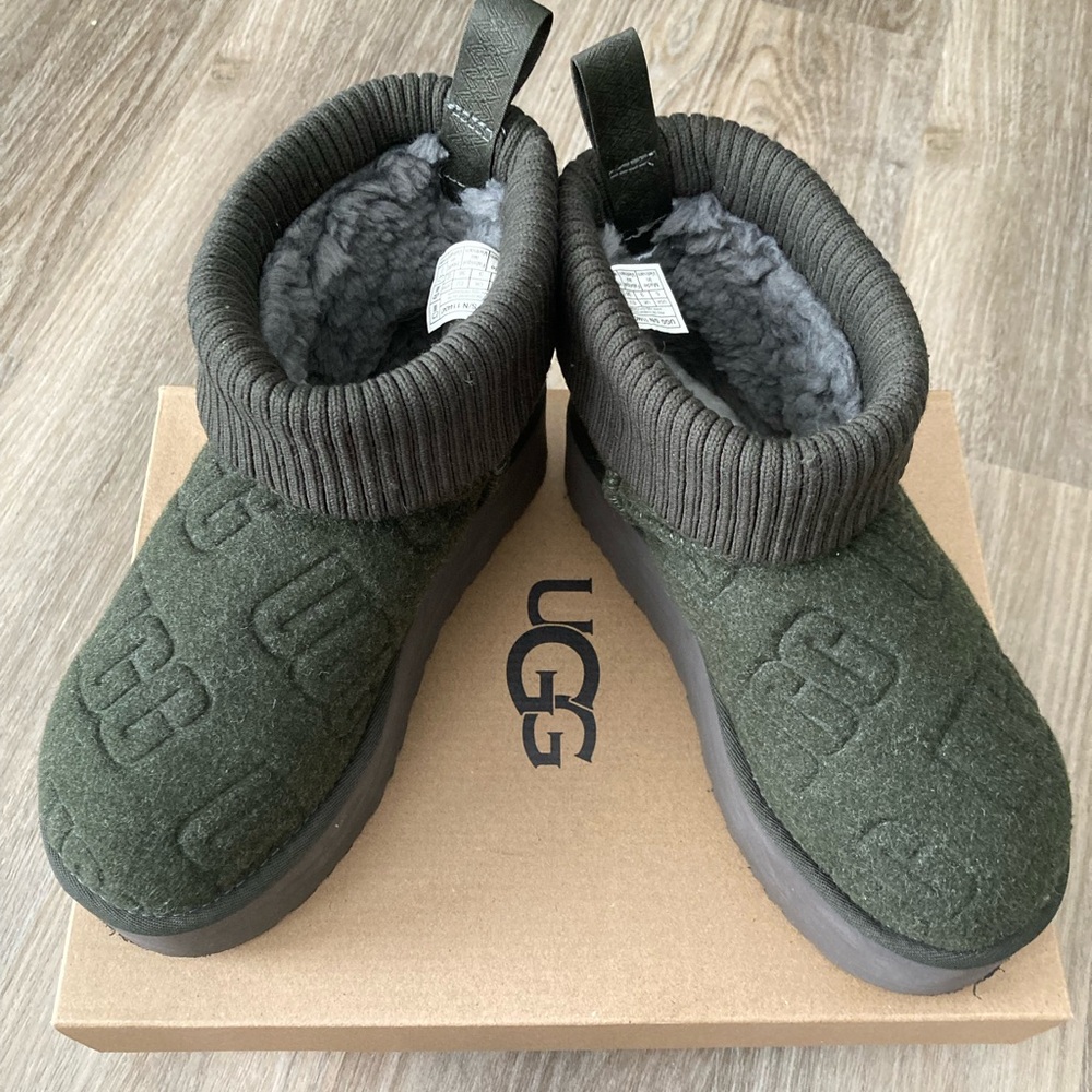 UGG Olive green felted  Knit Ankle Boots with iconic logo